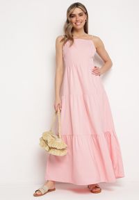 Born2be - Różowa Rozkloszowana Sukienka na Ramiączkach Zawiązywana z Tyłu z Elastyczną Gumką w Talii Grililena. Kolor: różowy. Długość rękawa: na ramiączkach #4