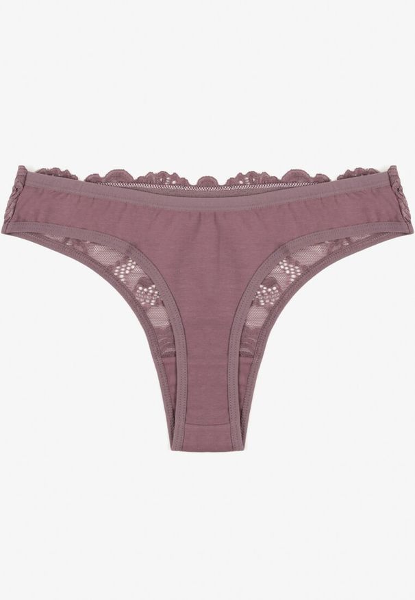 Renee - Fioletowe Bawełniane Majtki Stringi z Koronką Ilwedana. Kolor: fioletowy. Materiał: koronka, bawełna. Wzór: koronka