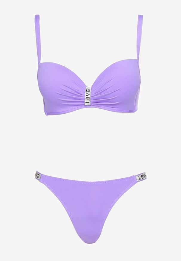 Born2be - Fioletowe Bikini z Usztywnianym Biustonoszem z Regulowanymi Ramiączkami Zdobione Cyrkoniami Sloella. Kolor: fioletowy. Długość: długie. Wzór: aplikacja