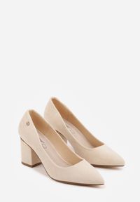 Born2be - Beżowe Czółenka na Obcasie ze Skórzaną Wkładką i Metaliczną Wstawką Rasmone. Zapięcie: pasek. Kolor: beżowy. Materiał: skóra. Obcas: na obcasie. Styl: klasyczny. Wysokość obcasa: średni #9