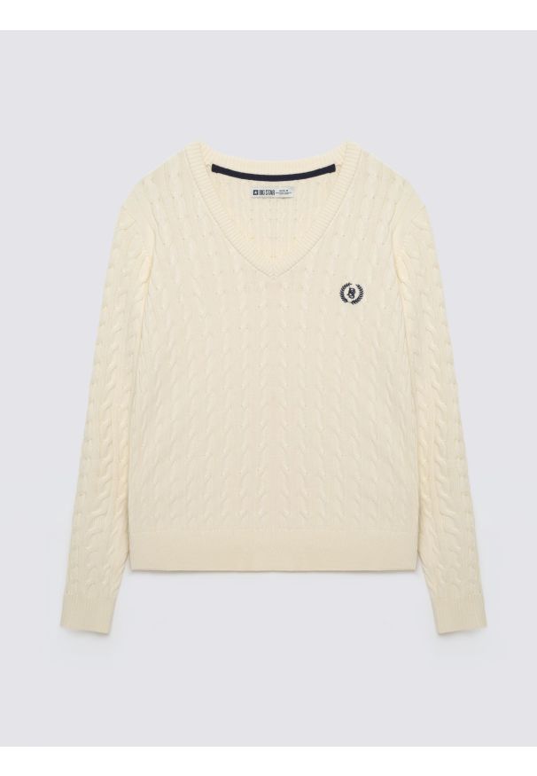 Big-Star - Sweter damski ze splotem warkoczowym z dekoltem v-neck biały Nisa 100. Kolor: biały. Materiał: poliamid, włókno, bawełna. Długość: długie. Wzór: ze splotem. Styl: klasyczny