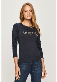 Guess Jeans - Sweter. Kolor: niebieski. Materiał: jeans. Długość rękawa: długi rękaw. Długość: długie. Wzór: aplikacja #3