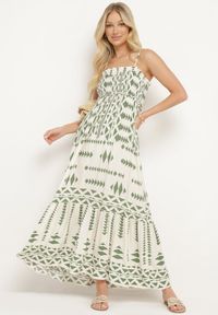 Born2be - Beżowo-Zielona Wiskozowa Marszczona Sukienka na Regulowanych Ramiączkach z Falbanką Dwalea. Okazja: na randkę, na spacer. Typ kołnierza: kołnierz z falbankami. Kolor: beżowy. Materiał: wiskoza. Długość rękawa: na ramiączkach. Sezon: lato. Styl: klasyczny, elegancki #1