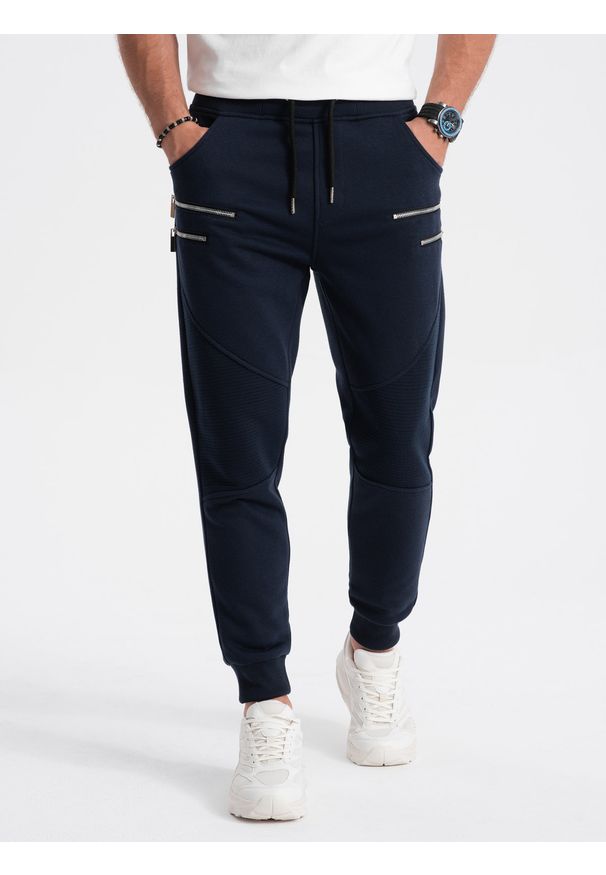 Ombre Clothing - Spodnie męskie dresowe z ozdobnymi zamkami - granatowe V5. Kolor: niebieski. Materiał: dresówka