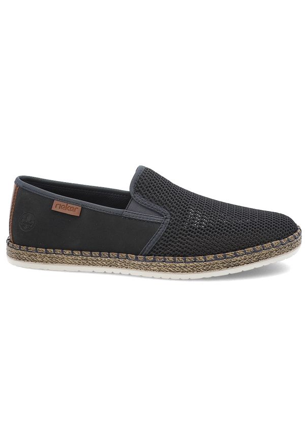 Niebieskie Espadryle Rieker Eleganckie Wsuwane Obuwie Męskie. Zapięcie: bez zapięcia. Kolor: niebieski. Materiał: tkanina, jeans. Sezon: lato. Styl: elegancki