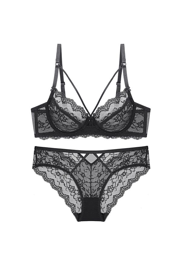 Intica - Koronkowy komplet bielizny z regulacją ramiączek na romantyczne wieczory Ermina. Kolor: czarny. Materiał: koronka. Wzór: koronka