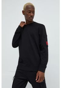 Hugo - HUGO bluza bawełniana męska kolor czarny z aplikacją. Okazja: na co dzień. Kolor: czarny. Materiał: bawełna. Wzór: aplikacja. Styl: casual