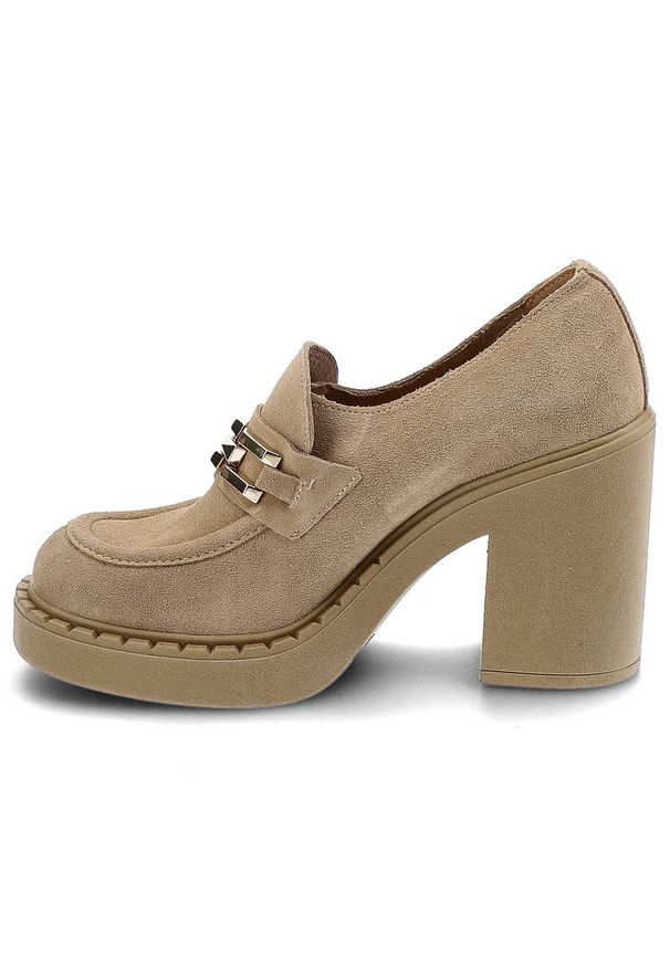 Półbuty damskie Lemar, naturalna skóra zamszowa skórzana wkładka wnętrze ze skóry i materiału wsuwana konstrukcja, bez/zł, 20116-W. Kolor: beżowy. Materiał: skóra, materiał, zamsz. Szerokość cholewki: normalna. Obcas: na obcasie. Styl: elegancki. Wysokość obcasa: średni