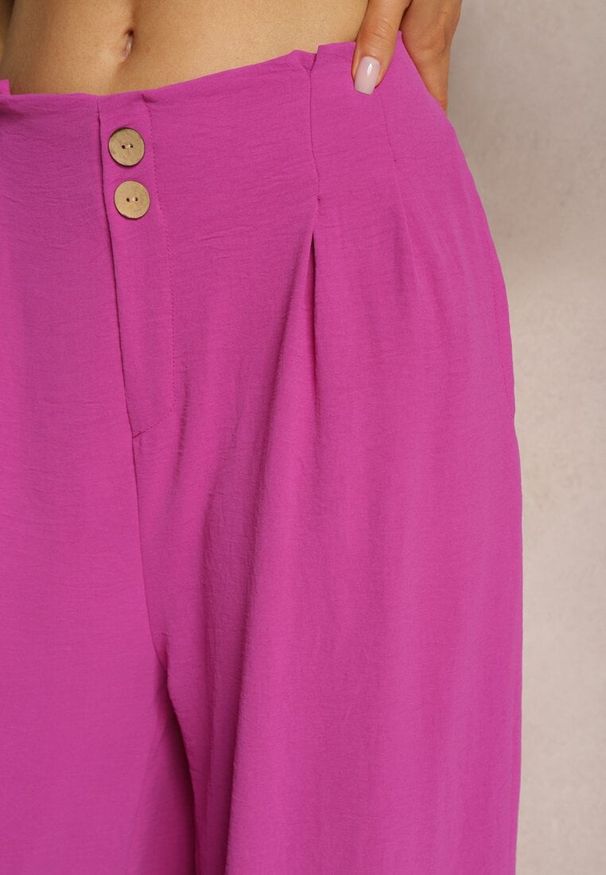 Renee - Fioletowe Spodnie w Stylu Alladynek High Waist Wykończone Gumką w Pasie Riselma. Okazja: na co dzień. Stan: podwyższony. Kolor: fioletowy. Styl: casual, sportowy