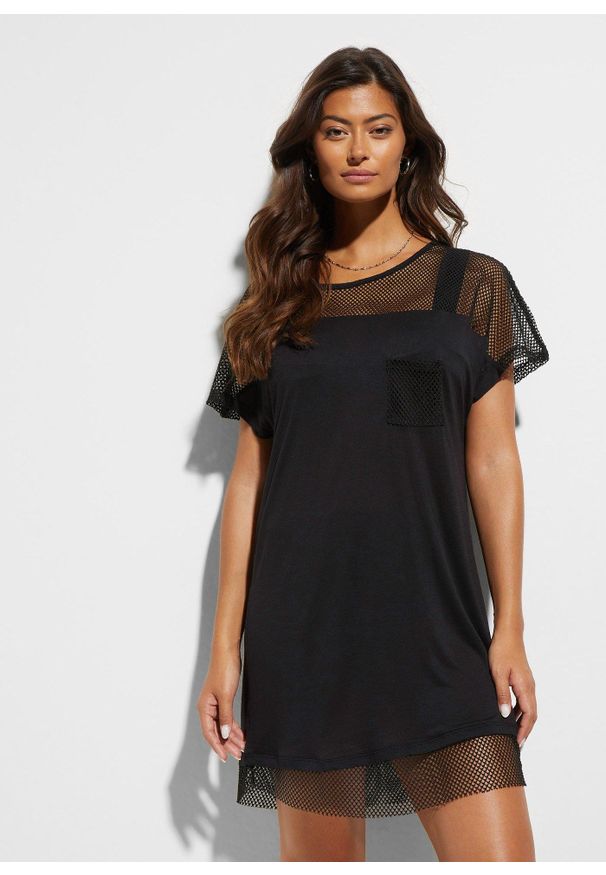 bonprix - Tunika plażowa z wiskozy. Okazja: na plażę. Kolor: czarny. Materiał: wiskoza, materiał. Długość rękawa: krótki rękaw. Długość: długie