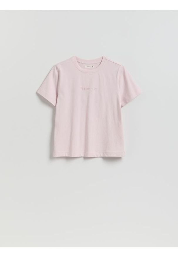 Reserved - T-shirt z nadrukiem - pastelowy róż. Kolor: różowy. Materiał: dzianina, bawełna. Wzór: nadruk. Styl: klasyczny