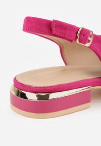 Born2be - Fuksjowe Sandały Slingback Vices z Metaliczną Aplikacją przy Obcasie Ediriella. Okazja: na co dzień, na spotkanie biznesowe. Nosek buta: szpiczasty. Kolor: różowy. Wzór: aplikacja. Sezon: wiosna, lato. Obcas: na obcasie. Styl: casual, biznesowy, elegancki. Wysokość obcasa: średni #7