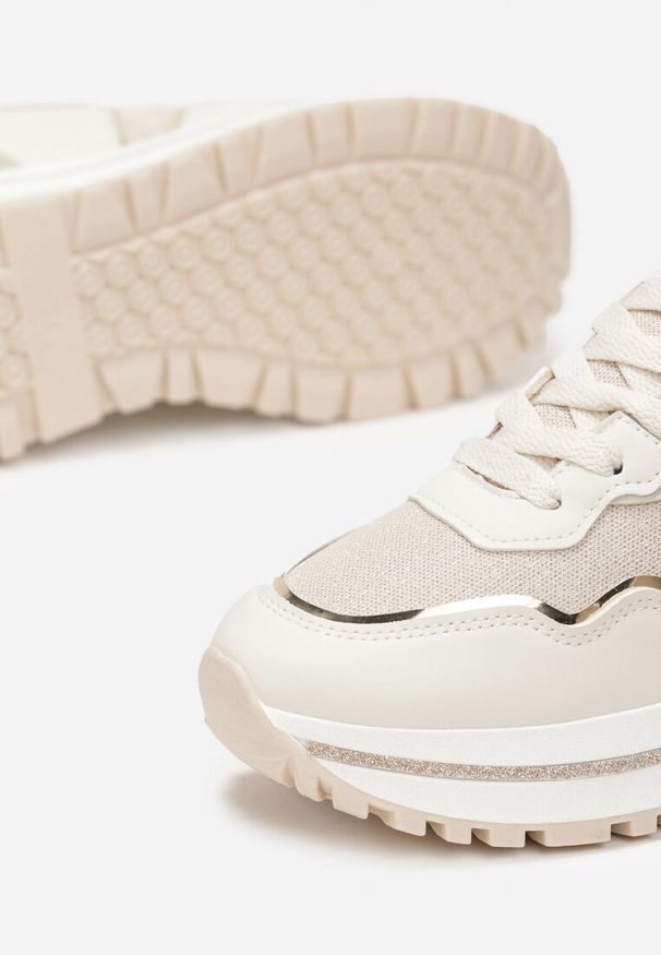 Renee - Beżowe Sneakersy z Cholewką przed Kostkę Ozdobione Brokatem Telse. Wysokość cholewki: przed kostkę. Kolor: beżowy. Szerokość cholewki: normalna. Wzór: aplikacja. Sezon: lato. Obcas: na płaskiej podeszwie