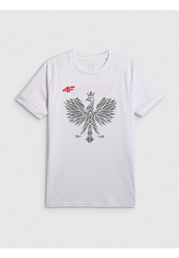 4f - 4F Koszulka kibica męska - biała S. Kolor: biały. Długość rękawa: raglanowy rękaw. Wzór: napisy. Styl: sportowy