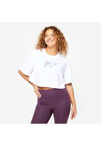 DOMYOS - Koszulka damska Domyos Gym & Pilates crop top. Kolor: biały. Materiał: włókno, materiał, lyocell, bawełna. Sport: joga i pilates #1