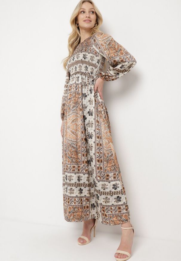 Born2be - Beżowa Sukienka w Stylu Boho z Rozkloszowanym Dołem i Bufiastymi Rękawami Ertiana. Okazja: na co dzień. Kolor: beżowy. Materiał: materiał. Typ sukienki: proste, rozkloszowane. Styl: boho