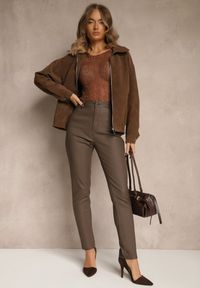 Renee - Brązowe Spodnie Skinny Zangi. Kolekcja: plus size. Kolor: brązowy. Styl: klasyczny