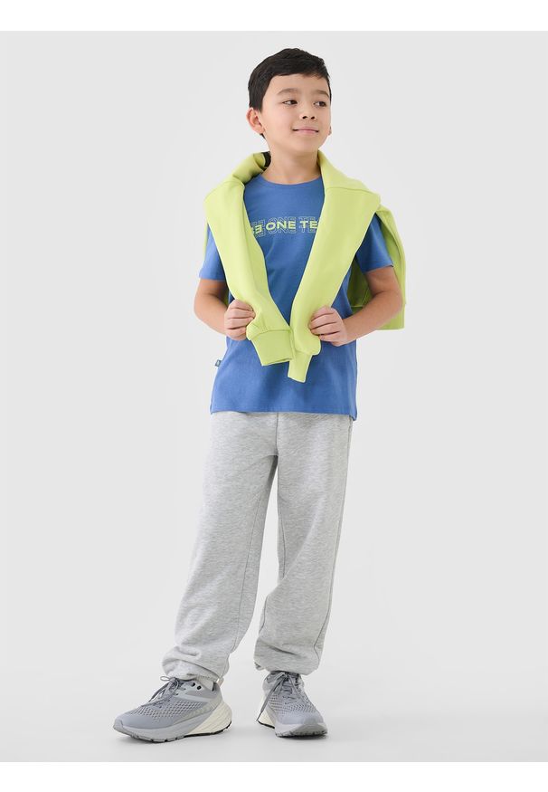 4f - 4F T-shirt z nadrukiem chłopięcy - niebieski 146 (10-11 lat). Okazja: na co dzień. Kolor: niebieski. Materiał: dzianina, jersey, bawełna. Długość rękawa: krótki rękaw. Długość: krótkie. Wzór: nadruk. Sezon: lato. Styl: casual, klasyczny, sportowy