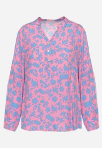 Born2be - Fuksjowa Bluzka w Kwiatowy Wzór o Koszulowym Fasonie z Podpinanymi Rękawami Ortolana. Kolor: różowy. Wzór: kwiaty
