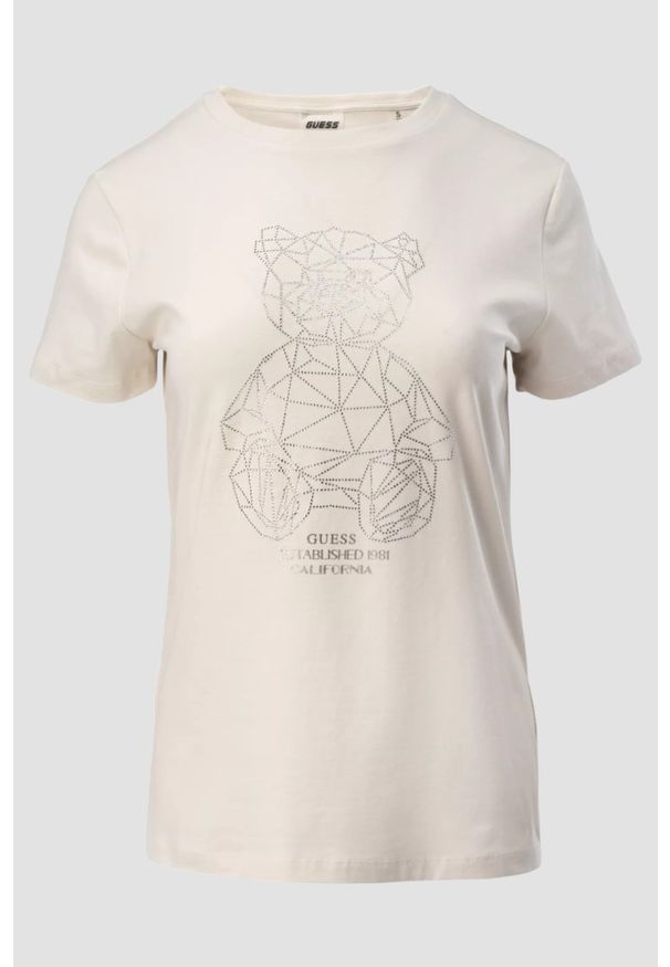 Guess - GUESS Biały damski t-shirt na krótki rękaw z cyrkoniami Romy, Rozmiar S. Okazja: na co dzień. Kolor: biały. Długość rękawa: krótki rękaw. Długość: krótkie. Styl: casual, elegancki