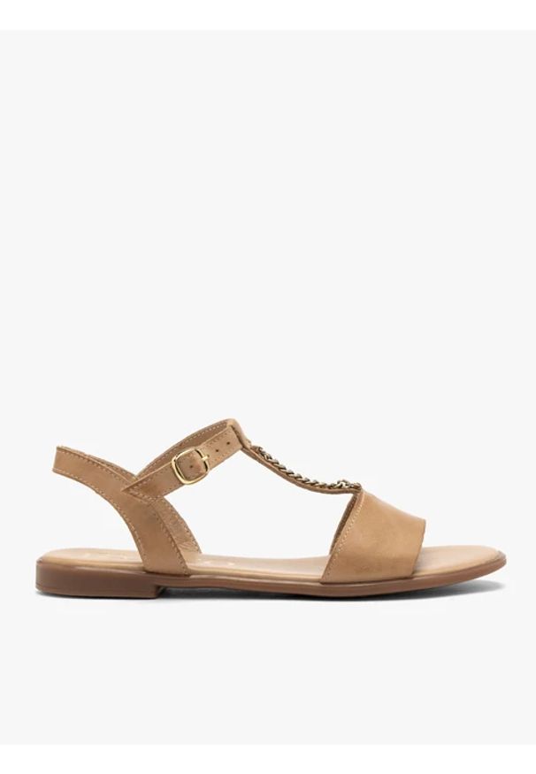 Ryłko - Beżowe sandały damskie płaskie. Okazja: na co dzień. Kolor: beżowy. Materiał: skóra. Sezon: lato. Styl: street, elegancki, casual, klasyczny, wakacyjny
