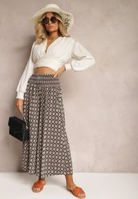 Renee - Ciemnozielone Szerokie Spodnie Kuloty z Gumką w Pasie Zaphelia. Okazja: do pracy, na co dzień. Stan: podwyższony. Kolor: zielony. Materiał: materiał. Styl: casual, elegancki
