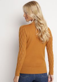 Born2be - Jasnobrązowy Klasyczny Sweter z Tłoczonym Zdobieniem Nainea. Okazja: na co dzień. Kolor: brązowy. Wzór: aplikacja. Styl: klasyczny