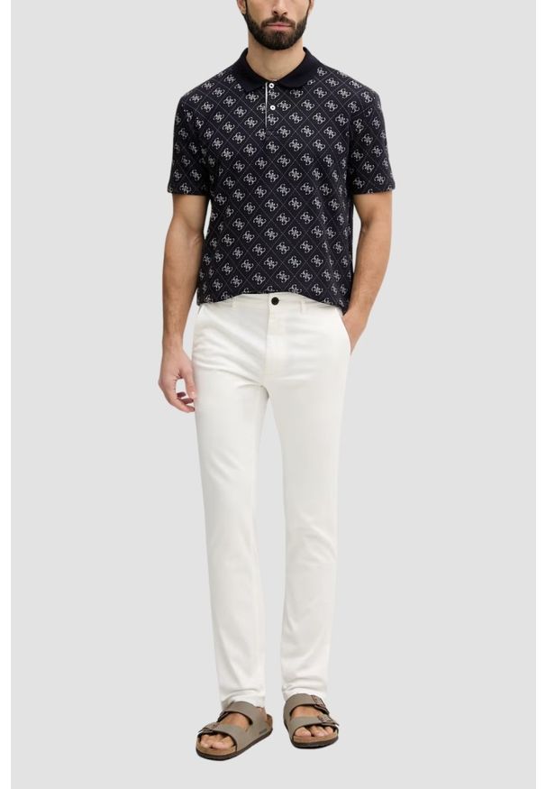 Guess - GUESS Granatowa męska koszulka polo w monogram 4G Jacquard, Rozmiar M. Okazja: na co dzień. Typ kołnierza: polo. Kolor: niebieski. Styl: casual, klasyczny, elegancki