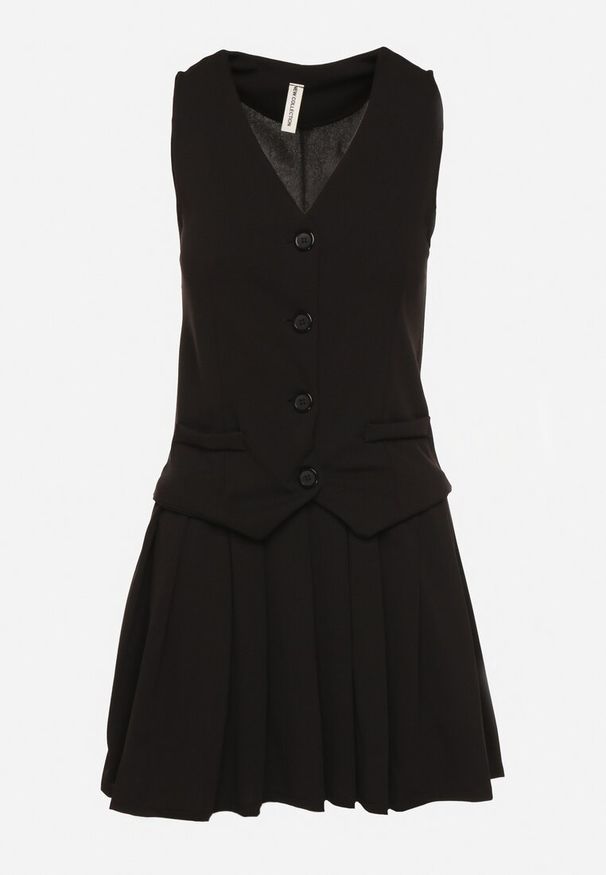 Born2be - Czarna Sukienka Góra w Stylu Kamizelki i Rozkloszowany Dół Eviraia. Okazja: na co dzień. Typ kołnierza: dekolt w kształcie V. Kolor: czarny. Typ sukienki: rozkloszowane. Styl: casual, klasyczny