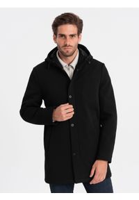 Ombre Clothing - Męski ocieplany płaszcz z kapturem i krytym zamkiem - czarny V1 - Rozmiar: XXL. Typ kołnierza: kaptur. Kolor: czarny. Materiał: tkanina, poliester