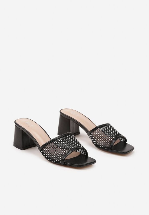 Born2be - Czarne Klapki na Obcasie z Siateczkową Cholewką i Cyrkoniami Senanoria. Okazja: na co dzień. Kolor: czarny. Materiał: jeans. Wzór: aplikacja. Sezon: lato, wiosna. Obcas: na obcasie. Styl: wizytowy, casual. Wysokość obcasa: średni