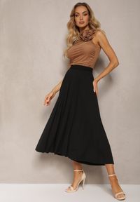 Renee - Czarna Rozkloszowana Spódnica High Waist z Ozdobnymi Plisami i Gumką w Pasie Veratia. Okazja: na co dzień. Stan: podwyższony. Kolor: czarny. Materiał: tkanina. Styl: casual, elegancki, wizytowy