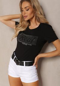 Renee - Czarny Koszulka T-shirt z Bawełny z Krótkim Rękawem Ozdobiony Nadrukiem i Cyrkoniami Liarala. Okazja: na co dzień. Kolor: czarny. Materiał: bawełna. Długość rękawa: krótki rękaw. Długość: krótkie. Wzór: nadruk, aplikacja. Styl: casual, klasyczny #3