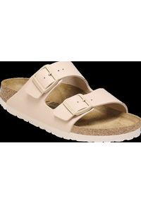 Birkenstock - BIRKENSTOCK ARIZONA BF NEW BEIGE Klapki damskie. Okazja: na co dzień. Kolor: beżowy. Materiał: materiał, skóra. Wzór: paski. Sezon: lato. Styl: elegancki, casual, klasyczny #6