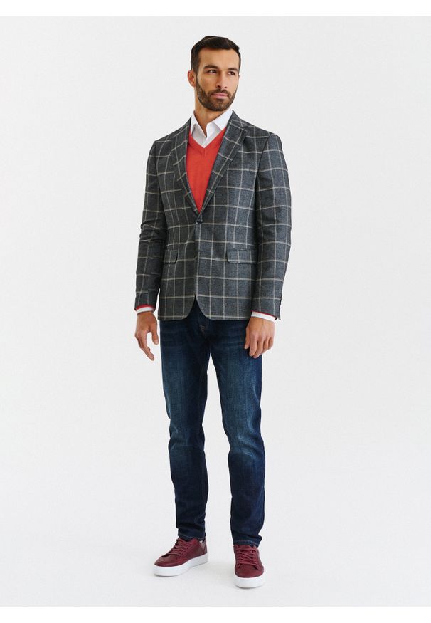 Pako Lorente - PAKO LORENTE – Szara marynarka męska w kratę. Okazja: na co dzień. Kolor: szary. Materiał: elastan, wiskoza, poliester. Styl: casual