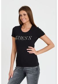 Guess - GUESS Czarny T-shirt z cyrkoniami. Kolor: czarny