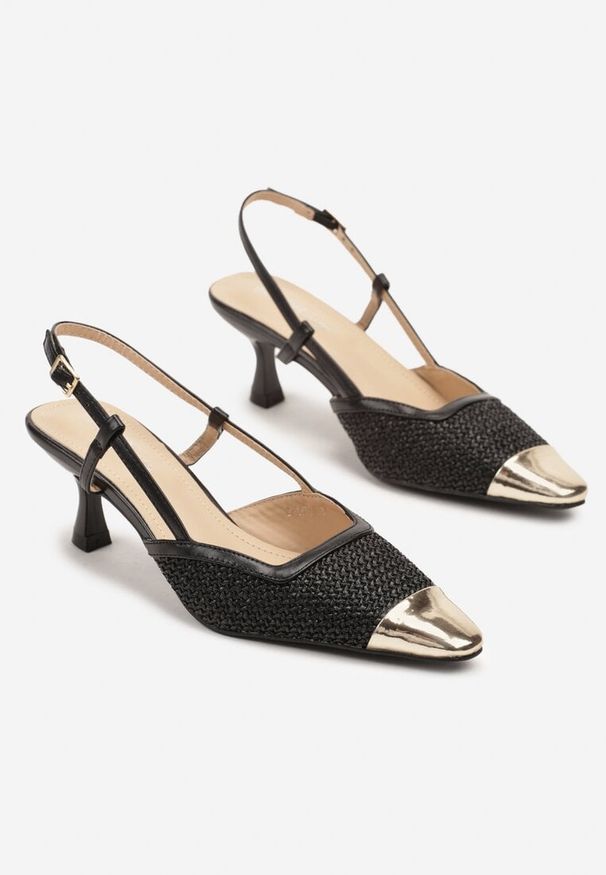 Renee - Czarne Sandały na Kaczuszce Slingback z Plecionką i Metalicznym Noskiem Ldivaria. Okazja: na co dzień, na imprezę. Kolor: czarny. Wzór: aplikacja. Obcas: na szpilce. Styl: elegancki, casual. Wysokość obcasa: średni