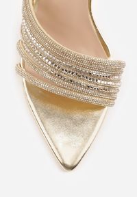 Born2be - Złote Eleganckie Klapki na Szpilce z Paseczkami z Cyrkoniami Naothera. Okazja: na randkę, na wesele, na ślub cywilny. Kolor: złoty. Obcas: na szpilce. Styl: elegancki #4
