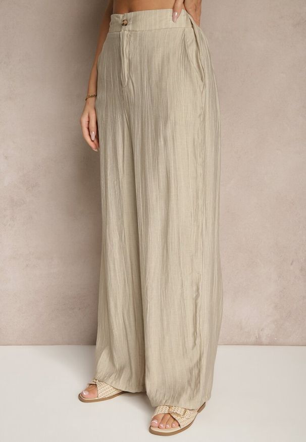 Renee - Beżowe Spodnie o Szerokim Kroju High Waist Natoreia. Okazja: na co dzień. Stan: podwyższony. Kolor: beżowy. Styl: boho, klasyczny, elegancki, casual
