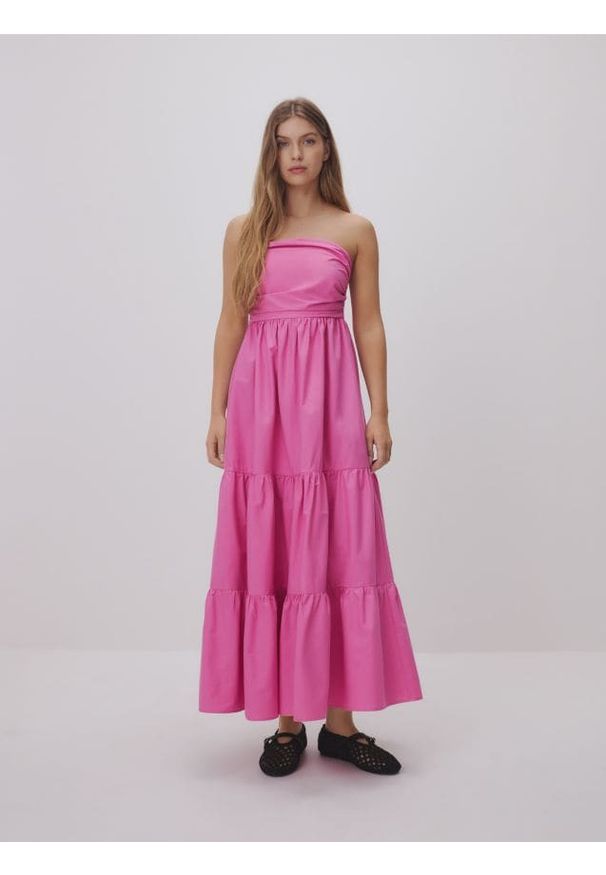 Reserved - Sukienka maxi z falbanami - pastelowy róż. Kolor: różowy. Materiał: tkanina, bawełna. Długość: maxi