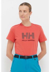 Helly Hansen t-shirt bawełniany kolor czerwony 34112-001. Okazja: na co dzień. Kolor: czerwony. Materiał: bawełna. Wzór: nadruk. Styl: casual