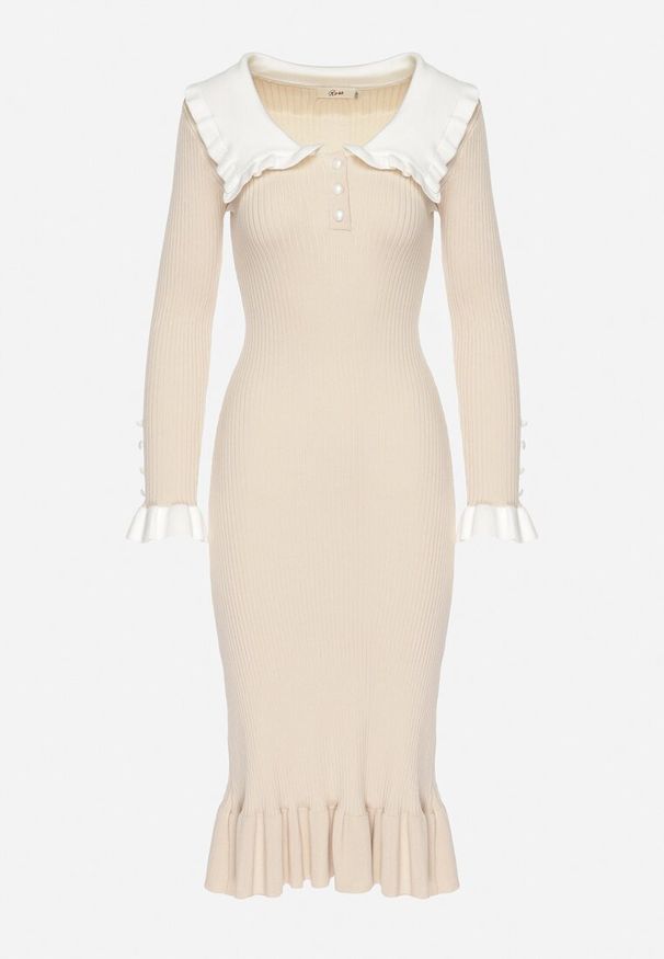 Born2be - Beżowa Dzianinowa Sukienka Retro z Wiskozą z Kołnierzykiem i Falbanami Hanlira. Kolor: beżowy. Materiał: dzianina, wiskoza. Styl: retro