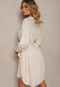 Renee - Beżowa Sukienka Koszula z Haftowanym Rękawem Wiązana w Pasie Passacalia. Okazja: na co dzień. Kolor: beżowy. Materiał: materiał, skóra. Wzór: haft. Typ sukienki: koszulowe. Styl: klasyczny, elegancki, casual #5