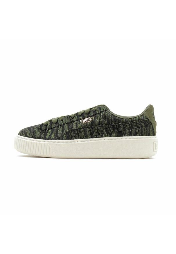 Buty do chodzenia damskie Puma Basket Platform VR Wmns. Zapięcie: sznurówki. Kolor: wielokolorowy, czarny, zielony. Materiał: materiał, syntetyk, tkanina. Szerokość cholewki: normalna. Obcas: na platformie. Sport: turystyka piesza