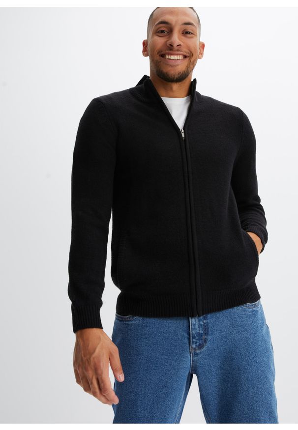 bonprix - Sweter rozpinany z dzianiny o zwartym splocie. Typ kołnierza: kołnierzyk stójkowy. Kolor: czarny. Materiał: dzianina. Wzór: ze splotem