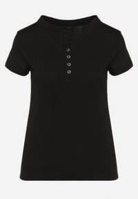 Born2be - Czarny T-shirt Koszulka z Bawełny z Metalicznymi Guzikami Cariena. Okazja: na co dzień. Typ kołnierza: dekolt w kształcie V. Kolor: czarny. Materiał: bawełna. Styl: casual #6