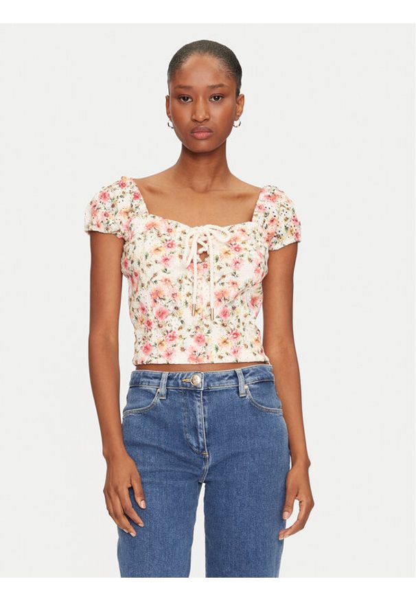 Guess Bluzka W5GP13 KCVA1 Beżowy Slim Fit. Kolor: beżowy. Materiał: bawełna