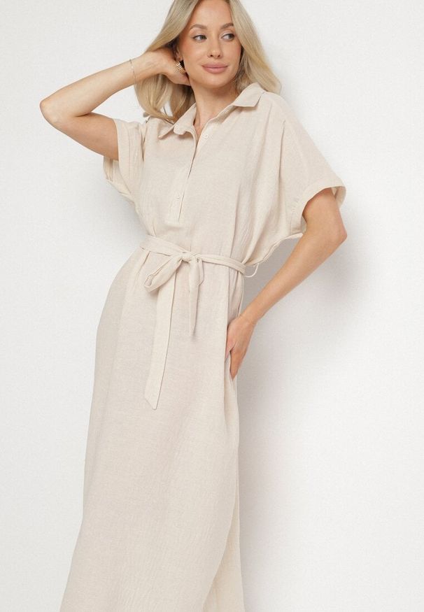Born2be - Beżowa Sukienka z Wiskozy o Koszulowym Kroju z Wiązanym Paskiem Danisna. Okazja: na co dzień. Kolor: beżowy. Materiał: wiskoza. Długość rękawa: krótki rękaw. Wzór: aplikacja. Typ sukienki: koszulowe. Styl: elegancki, casual, klasyczny. Długość: midi