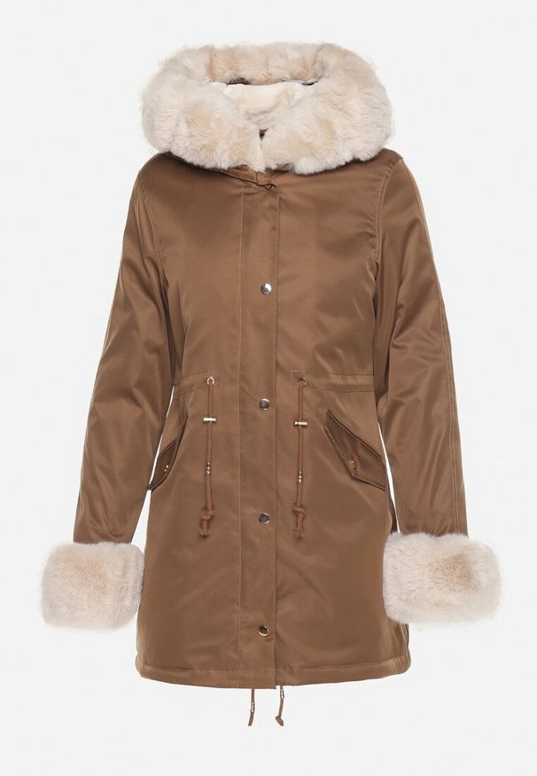 Born2be - Beżowo-Brązowa Kurtka Parka z Kapturem i Odpinanymi Futerkowymi Zdobieniami Inessara. Okazja: na co dzień. Typ kołnierza: kaptur. Kolor: beżowy. Materiał: skóra. Wzór: aplikacja. Styl: casual, elegancki