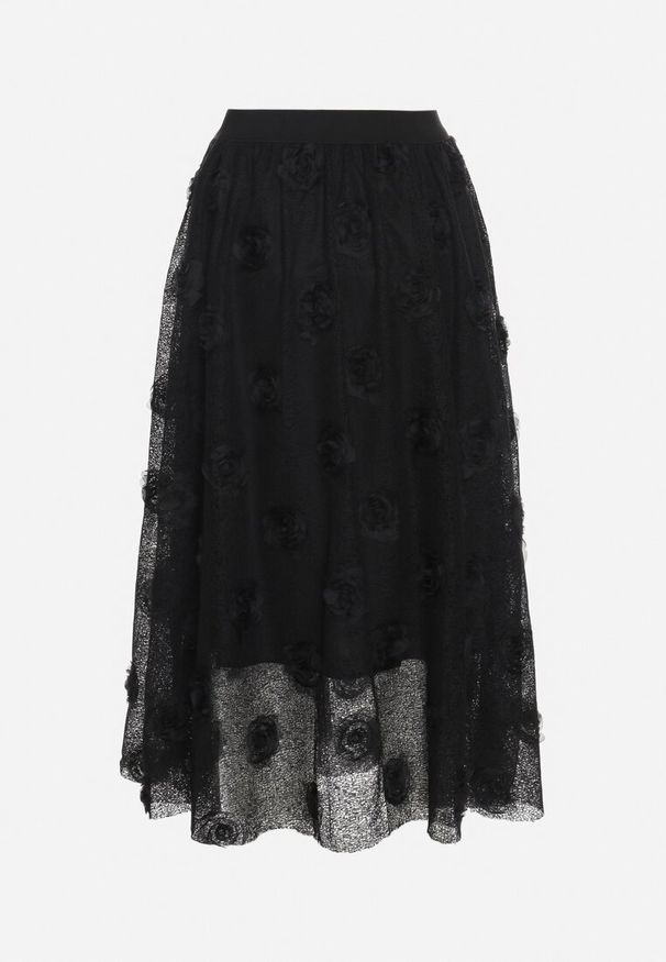 Born2be - Czarna Rozkloszowana Spódnica ze Strukturalnej Tkaniny z Gumką w Talii Folenne. Okazja: na co dzień. Kolor: czarny. Materiał: tkanina. Styl: casual, elegancki